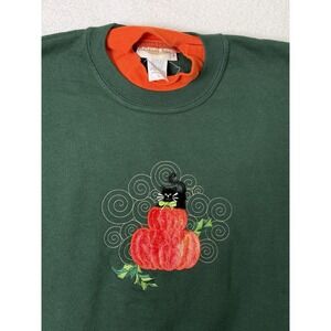 Pleasant Shade Halloween Sweatshirt Embroidered Pumpkin Black Cat Green Size L